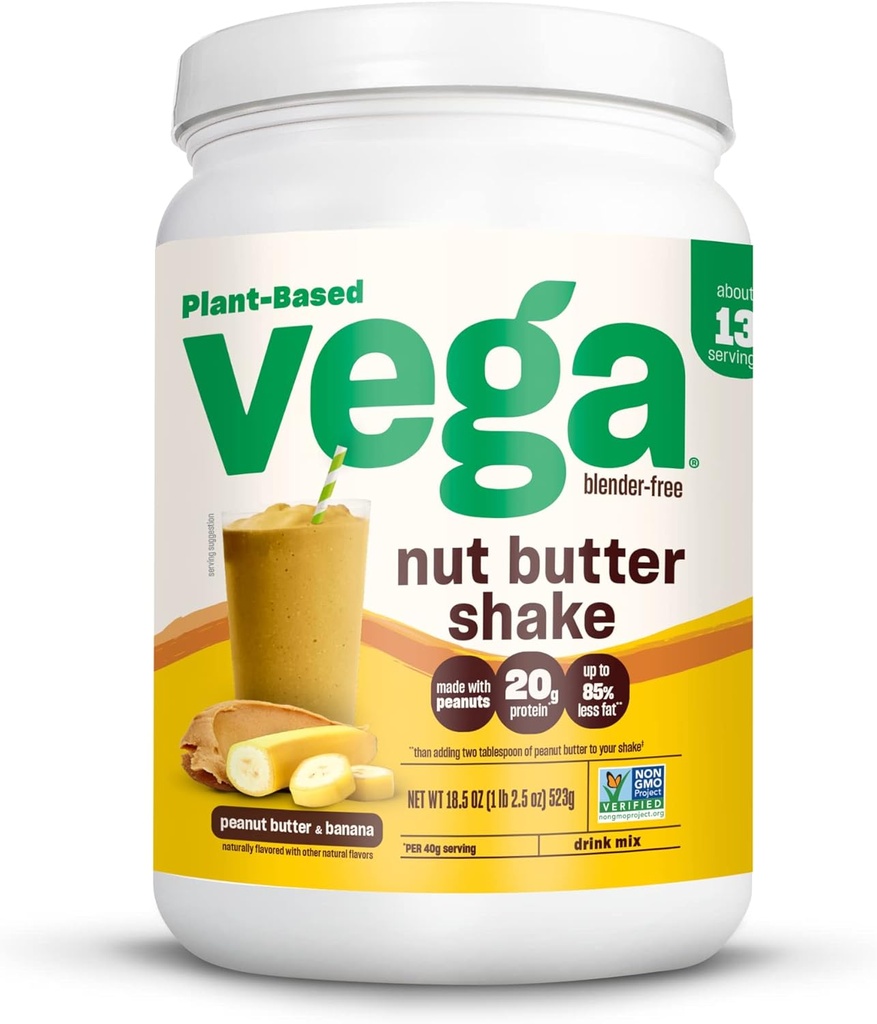 Vega Nut Butter Shake, Manteiga de amendoim e banana - Vegan Protein Powder, 20g Protein, Ingredientes de alimentos reais, Sem açúcar adicionado, 1,39 lbs