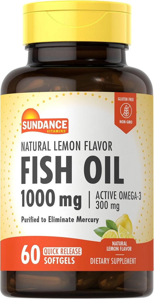 Sundance Fish Oil 1000mg 124; 60 Softgeels 124; Lemon Alam Flavor 124; dengan Omega-3 Aktif 124; Non-GMO dan Gluten Free Suplemen