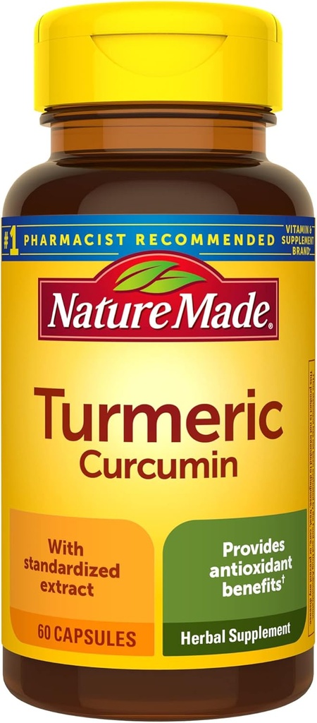 Nature Made Turmeric Curcumina 500 mg, Suplemento de herbas para soporte antioxidante, 60 cápsulas, 60 subministración día