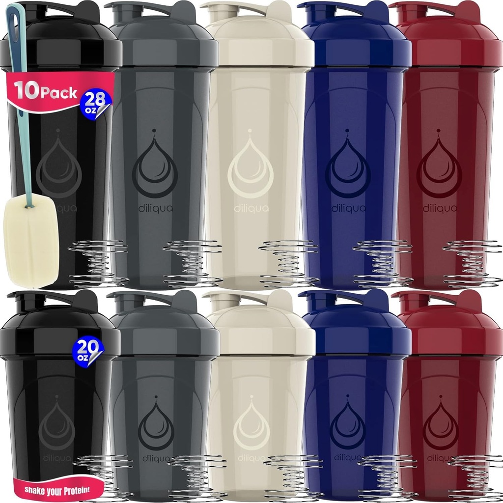10 PACK- Shaker Bottles with Wire Whisks for Protein Mixes | Leakproof Blender Shaker Bottle Pack | BPA-Free & Dishwasher Safe | 5 Large 28 oz & 5 Small 20 oz Shaker Bottle | Cups for Shakes