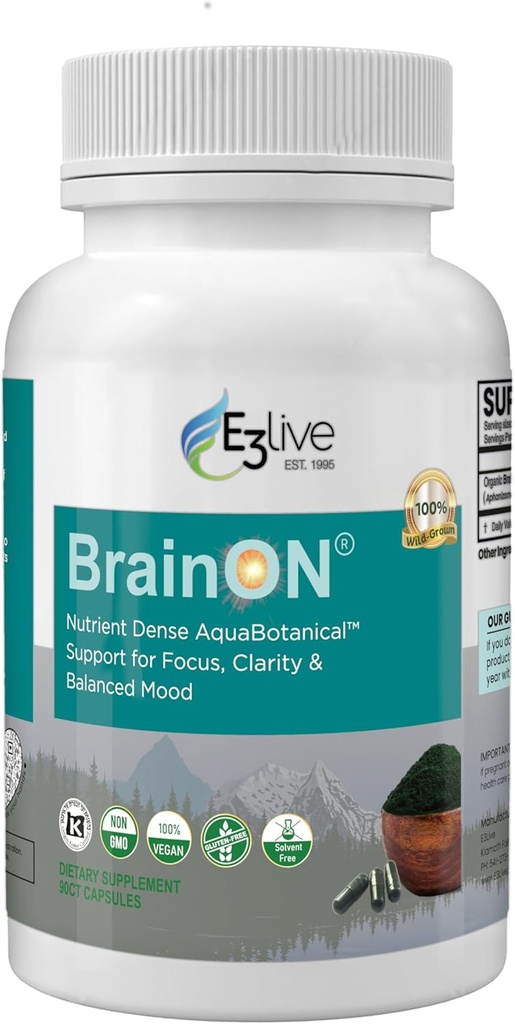 E3LIVE BrainON - Wild-Harvested AFA הפקה עבור Mood Balance & Focus 90 Count