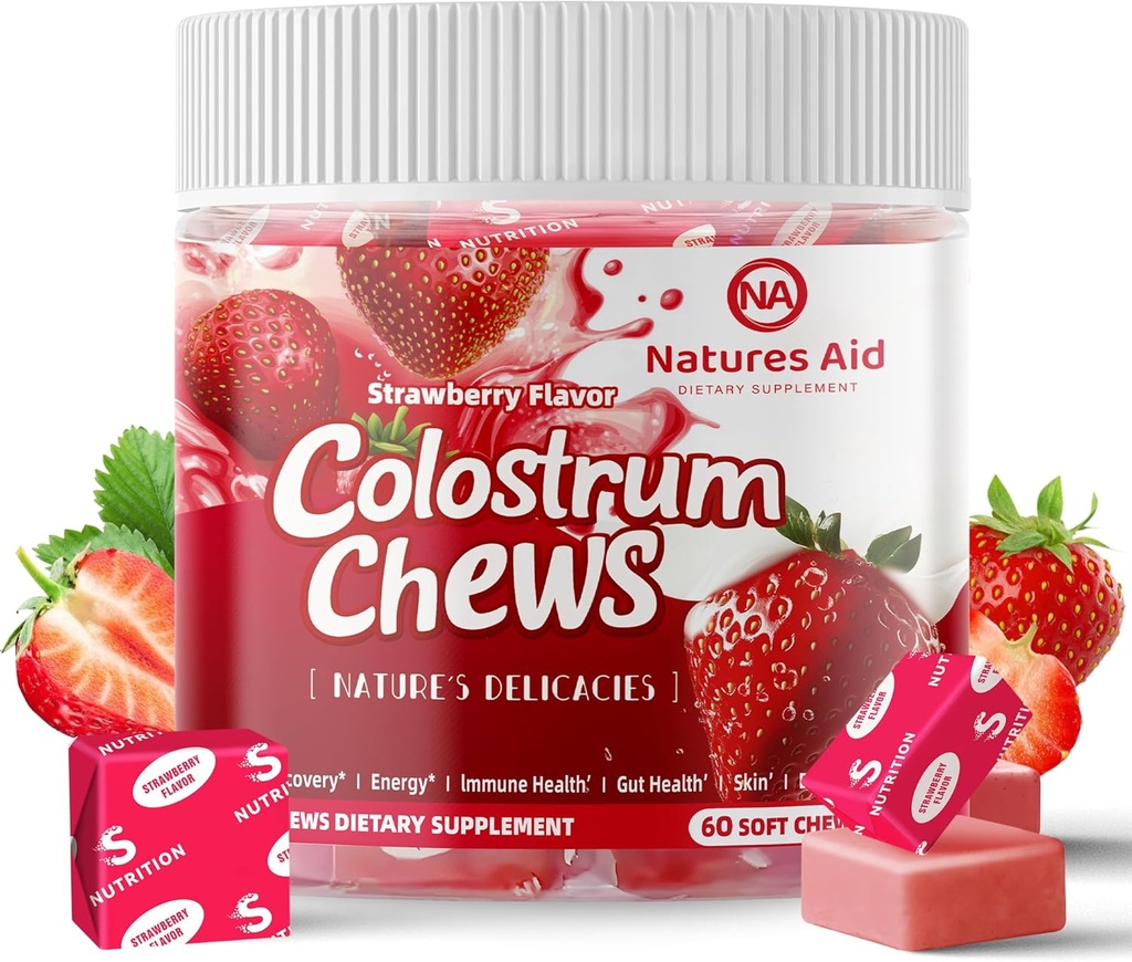 Colostrum Chews Supplement med probiotika för Gut Health, Bloating, Immune Support, Hud, Hårtillväxt och skönhet - Strawberry Flavor (60 portioner)
