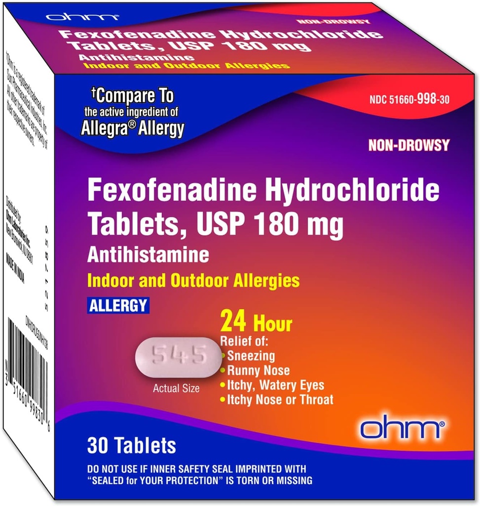 Ohm Non-Drowsy Fexofenadine Antihtamine bên ngoài cửa Tất cả các bảng cứu trợ 30ct