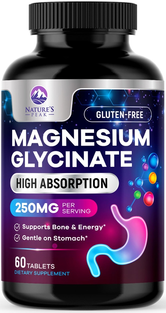 Magnesium Glycinate Supplement - 100% Chelated & Purified - for Calm, Sleep Support, Heart Health, Muscles & Bone Strength - Best Absorption Magnesium Glycinate Capsules, Bottled in USA - 60 Tablets