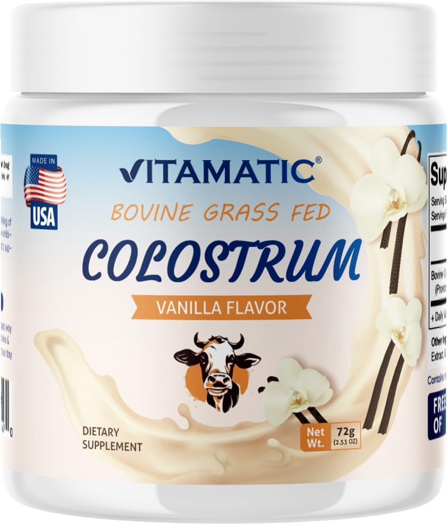 Vitamatic Bovine Colostrum 30% IgG poudre - Supplément pour la santé de Gut, la croissance des cheveux, la beauté, la récupération musculaire, et le soutien immunitaire - facile à mélanger - 72 Gram (30 portions, Vanilla Flavor)