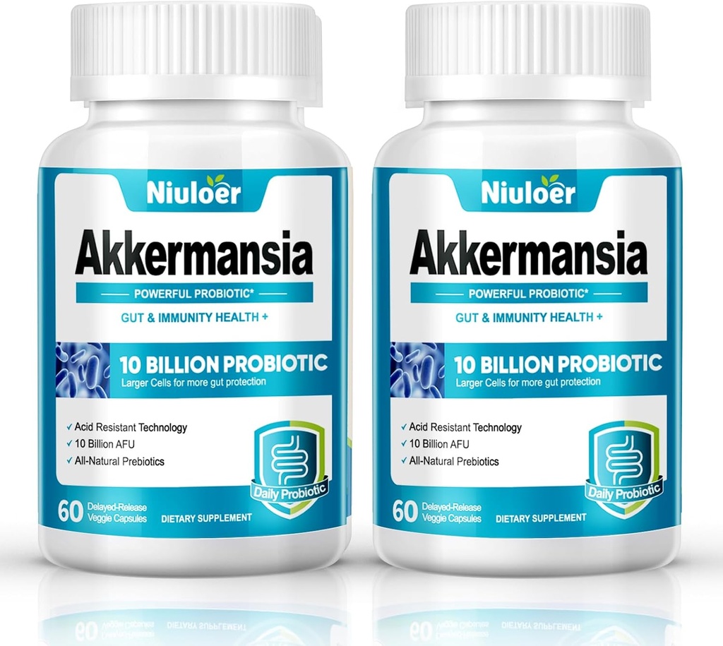 Akkermansia Probiotic, GLP-1 Probiotics for Women & Men - 10 Billion AFUs + Organic Prebiotics, Digestive, Gut, Immunal & General Health, Enhances Gut Digative Lining Function (60 kapsulių, 2-Pack)