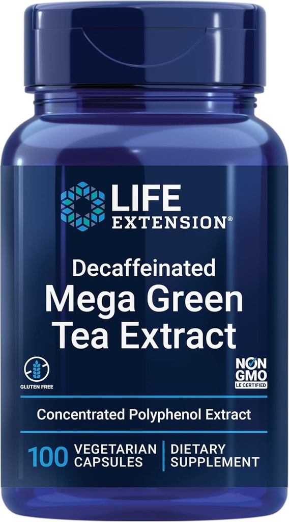 Life Extension Decaffeinated Mega Green Tea Extract - Polyphenol-Rich, Cell Health, Heart Health, Brain Health, Antioxidant Protection - Non-GMO, Gluten-Free, Vegetarian - 100 קפסולות