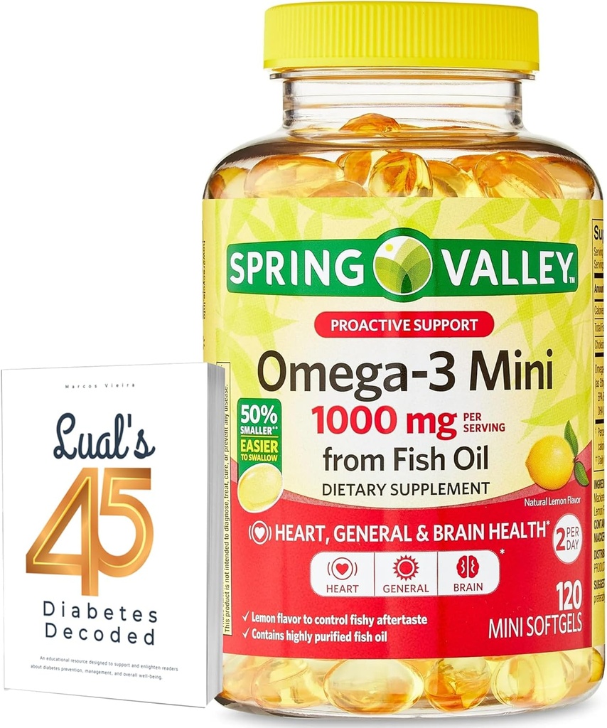 Spring Valley Omega-3 Mini de ulei de pește 1000 mg, 120 Conte, Supliment alimentar, Omega 3 Mini Softgels Bundle cu 45 Diabet zaharat Decodat