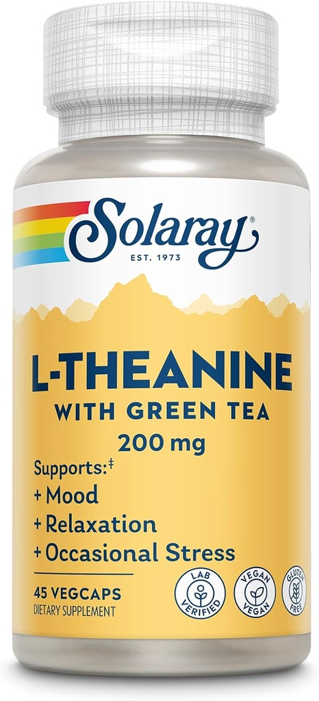 SOLARAY L-Theanine 200mg med grønn te - Sunn Mood, avslapping og anledninger Stress Support - Lab Verifisert, Vegansk, Glutenfri - 45 Services, 45 Vegkaps