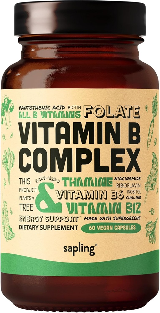 complexe végétalien de la vitamine B - mélange alimentaire entier avec les vitamines B essentielles B1, B2, B3, B5, B6, B7, Folate, B12-60 Caps