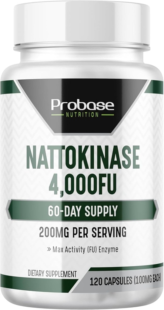 Probase Nutrition Nattokinase Supplement 4.000 FU Servis, 120 Capsules (Berasal dari Jepang Natto) Systemic Enzymes untuk Dukungan Kardiovaskular dan Sistem