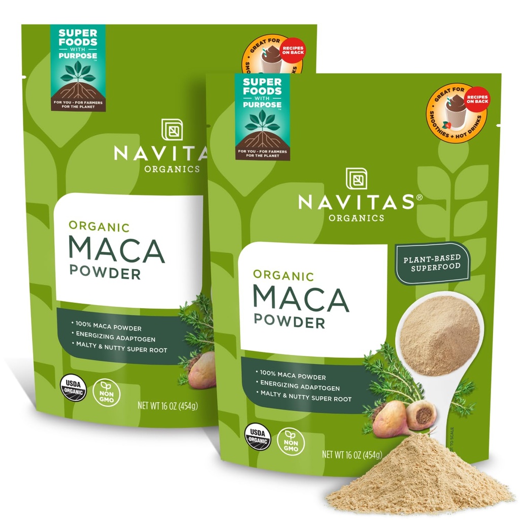 Navitas Organics Maca Powder – 100% Gelatinized Peruvian Maca for Smoothies, Lattes, Baking & More – Energize & Balance - USDA Organic, Non GMO, Vegan, Gluten Free (16oz. Bag, 180 Servings, 2-Pack)