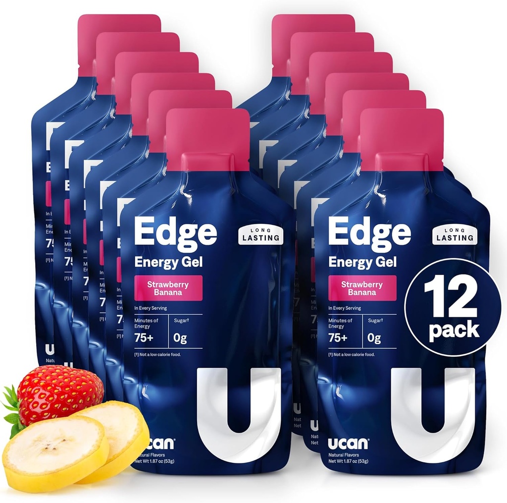 UCAN Edge Energy Gel Shots, Strawberry Banana (12, 2 Ounce Packets) для бігу, тренування, тренування, фітнес, Велосипед, Crossfit Sugar-Free, Vegan, & Keto Friendly Energy