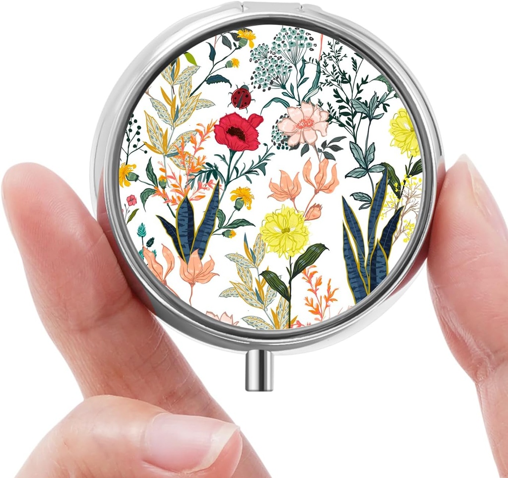 Mini Pill Box, Lille Pill Box, Bærbar Pill Box, Cute Pill Organizer til vitaminer, Medicin, Fiskeolie og Kosttilskud (hvide blomster)