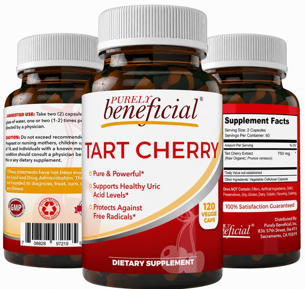 PURELY beneficial Tart Cherry Capsules, Montmorency Tart Cherry Extract, Dietary Supplement, Plant-Based Capsules, Non-GMO, Gluten Free, 120 Count