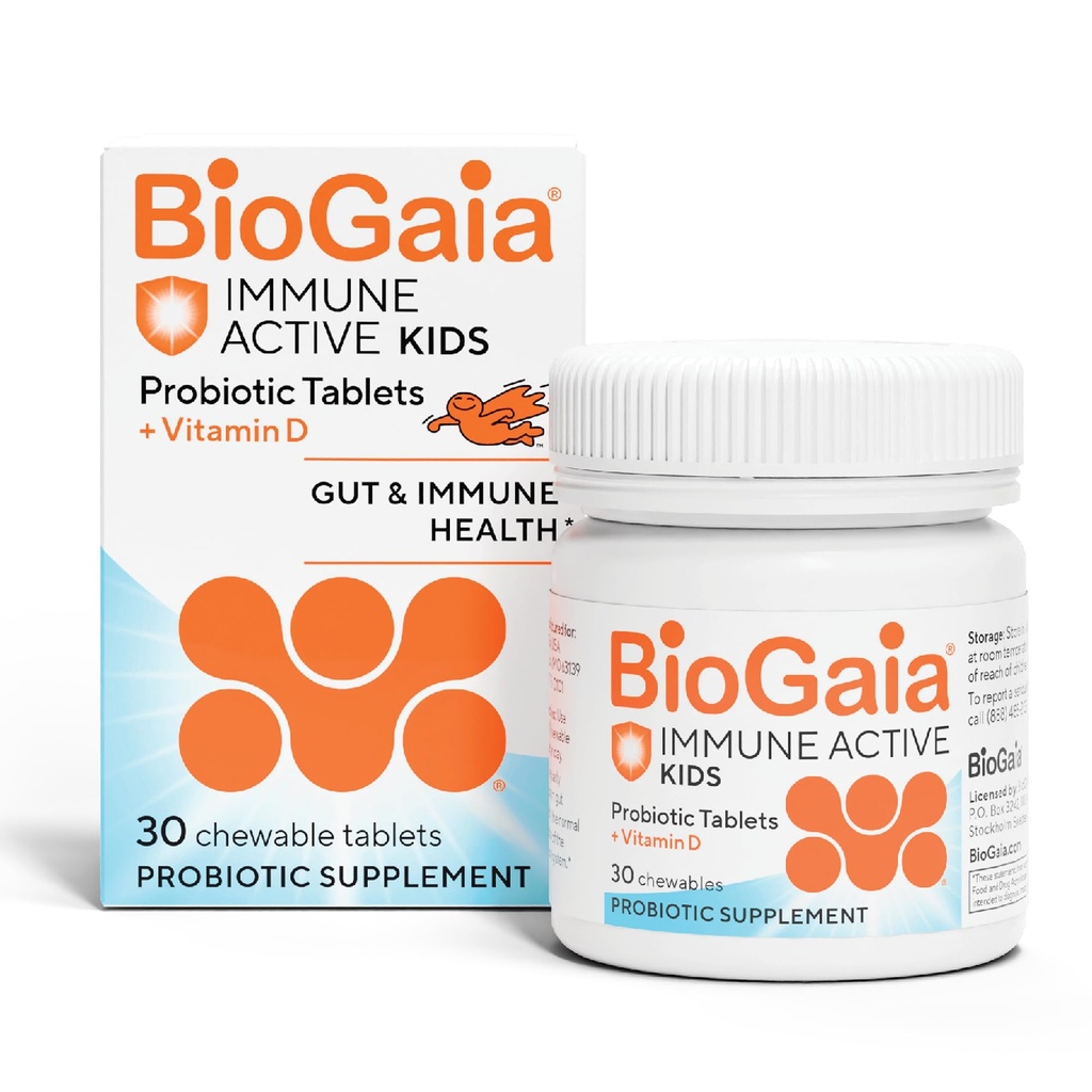 BioGaia Immune Active Kids | Probiotic + Vitamin D | for Digestive & Immune Health | Ages 3+ | Allergen, Dairy, Soy & Gluten Free | Trusted By Pediatricians | 30 Day Supply | Orange Flavored Chewable