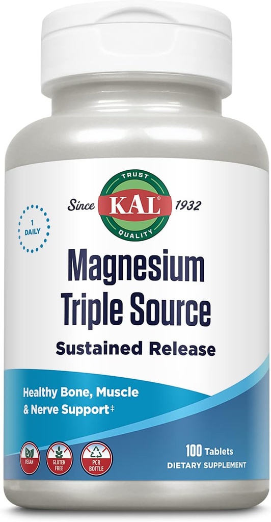 KAL Triple Source Magnézium Complex, Citrate, Malate, Oxide, Tartós kiadás, Csont-, Izom, Idegtámogatás, Vegan, Gluten Free, 60- Day Garancial, 100 Servings, 100 Tabs