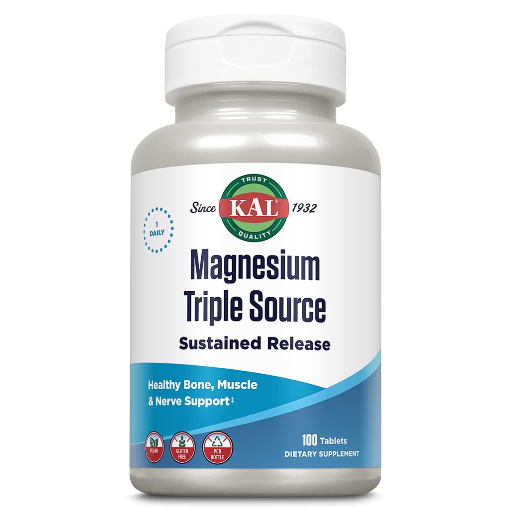 KAL Triple Source Magnesium Complex Supplement - Tri Magnesium Citrate, Malate & Oxide for Women & Men, Sustained Release for Heart, Bone, Muscle, & Nerve Support - 100 Tablets