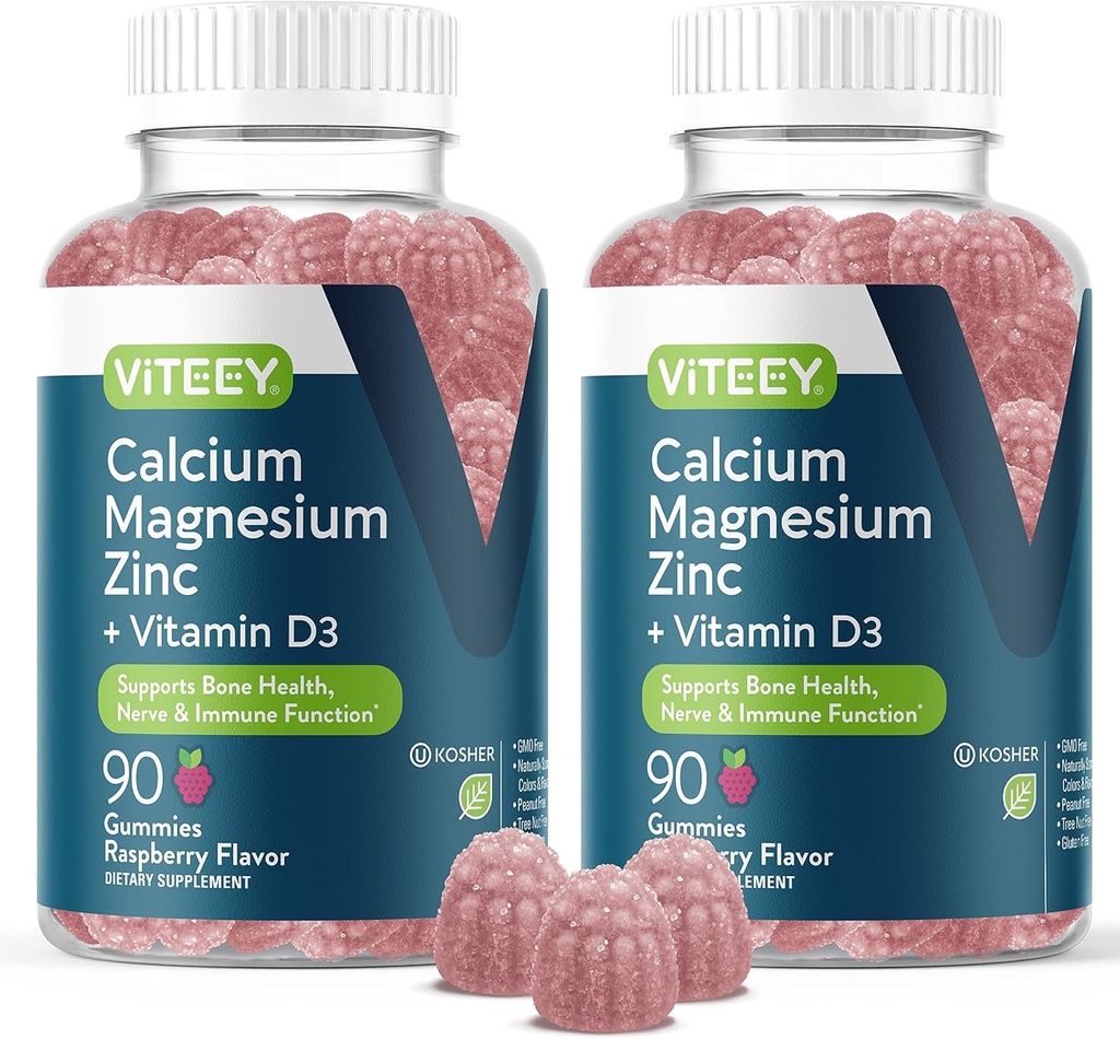 Viteey Calcium Magnesium Zinc Gummies with Vitamin D3 - Supports Bone Health, Nerve & Immune Function - Calcium Magnesium Zinc D3 for Adults & Teens - GMO Free - Chewable Raspberry Flavored Gummy