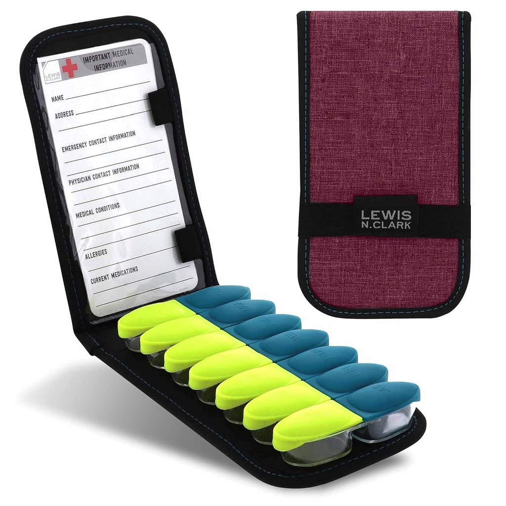 Lewis N. Clark Magnetic Folding Pill Organizer Case for OTC Medicine, Prescription Vitamins-14 Slots, Burgundy