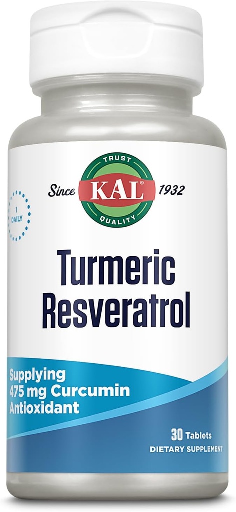 KAL Turmeric Resveratrol Supplement, Antioxidatzaileen euskarria, 475 mg Curcumin Turmerikoa, Bihotzeko Osasuna eta Osasun Bateratua, Disintegrazio Azkarra, 60 eguneko bermea, 30 zerbitzu, 30 Tablet