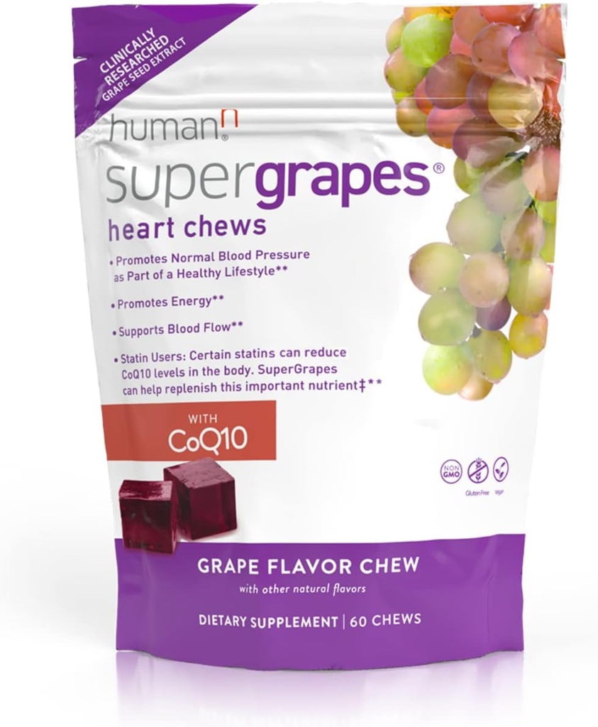 HumanN SuperGrapes Chews Appliment  по 100mg CoQ10 and Grapse Seed Point от The Makers of SuperBeets - Grapse Flavor, 60 Count