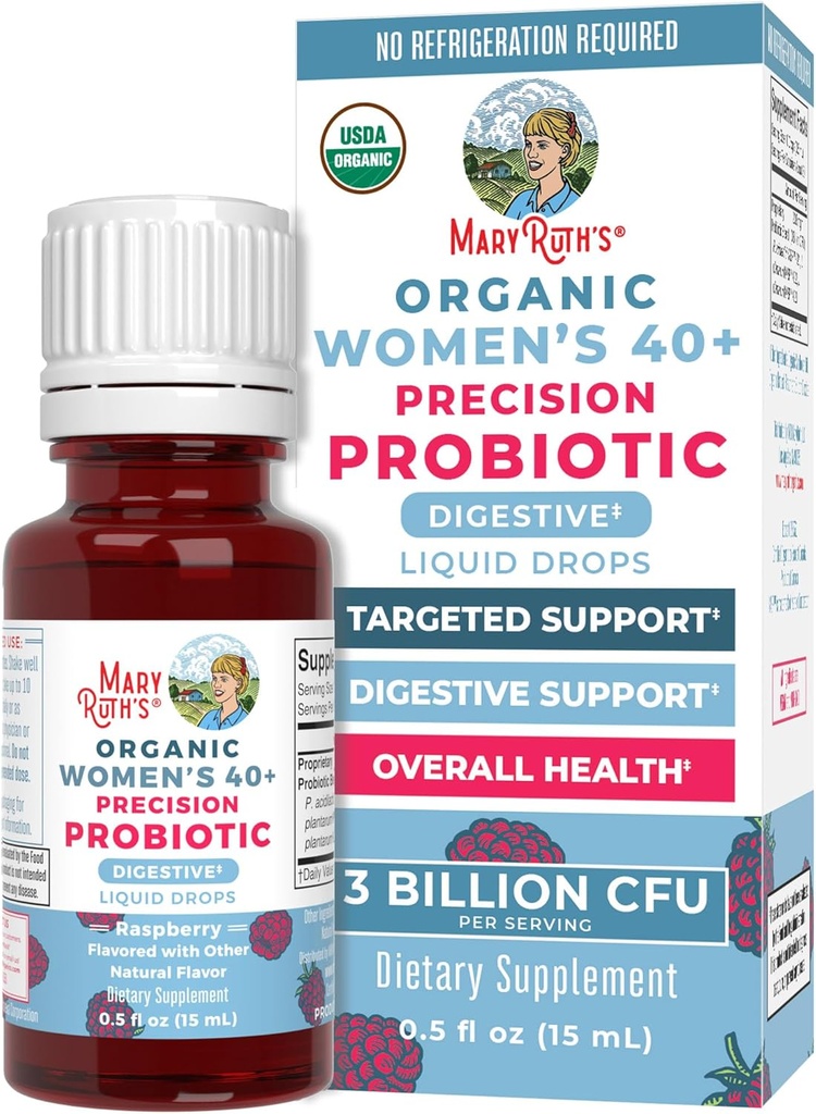 MaryRuth Organics USDA Organic 40 Womens Probiotic Liquid Drops | Probiotika för Digestive Health | Stress-Related GI-frågor | Occasional Gas Relief för vuxna | Vegan | Dairy Free | 30 portioner