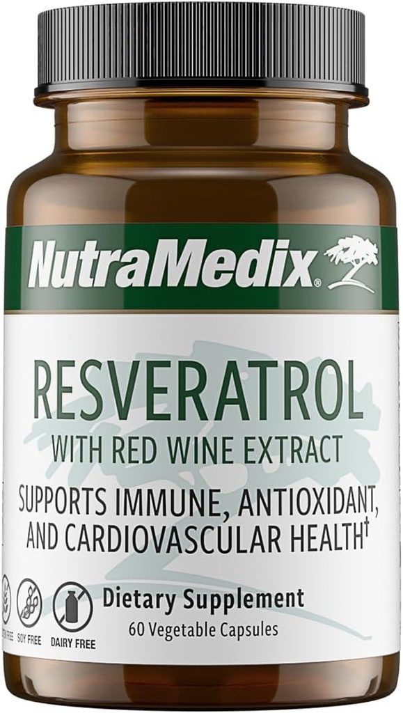 NutraMeadec Resveratrol Capsules - Bioavailable Antioksidants Addition from Red Wine Extract + Graph Skins - 200mg Japanese Knoweed for Immune & Cardiovascular Support (60 kapsulių)