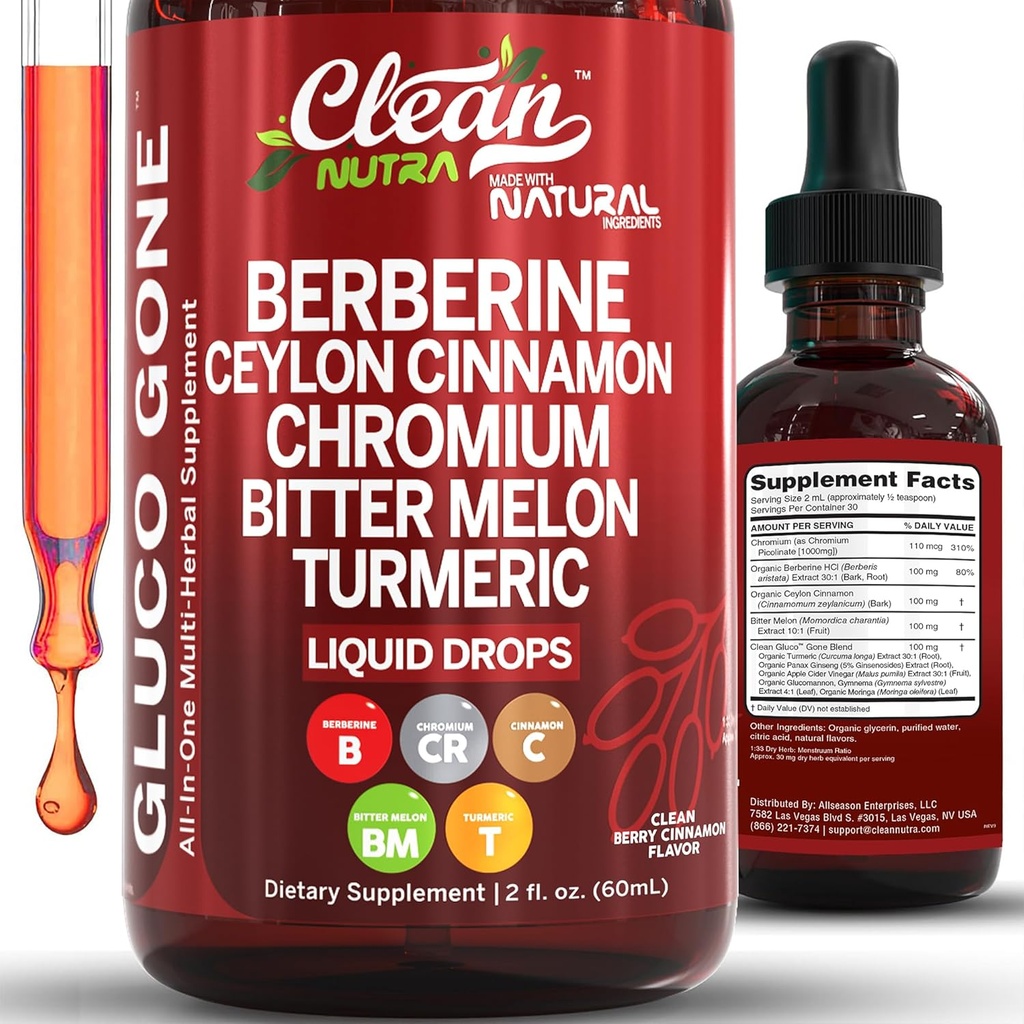 Clean Nutra Berberine su Ceilono cinamono priedu skysti lašai + bitter Melon ekstraktas, Glukomananas, Gimnema, Chromas, Turmeric, Organic Panax Ginseng, Moringa GLP-1 parama