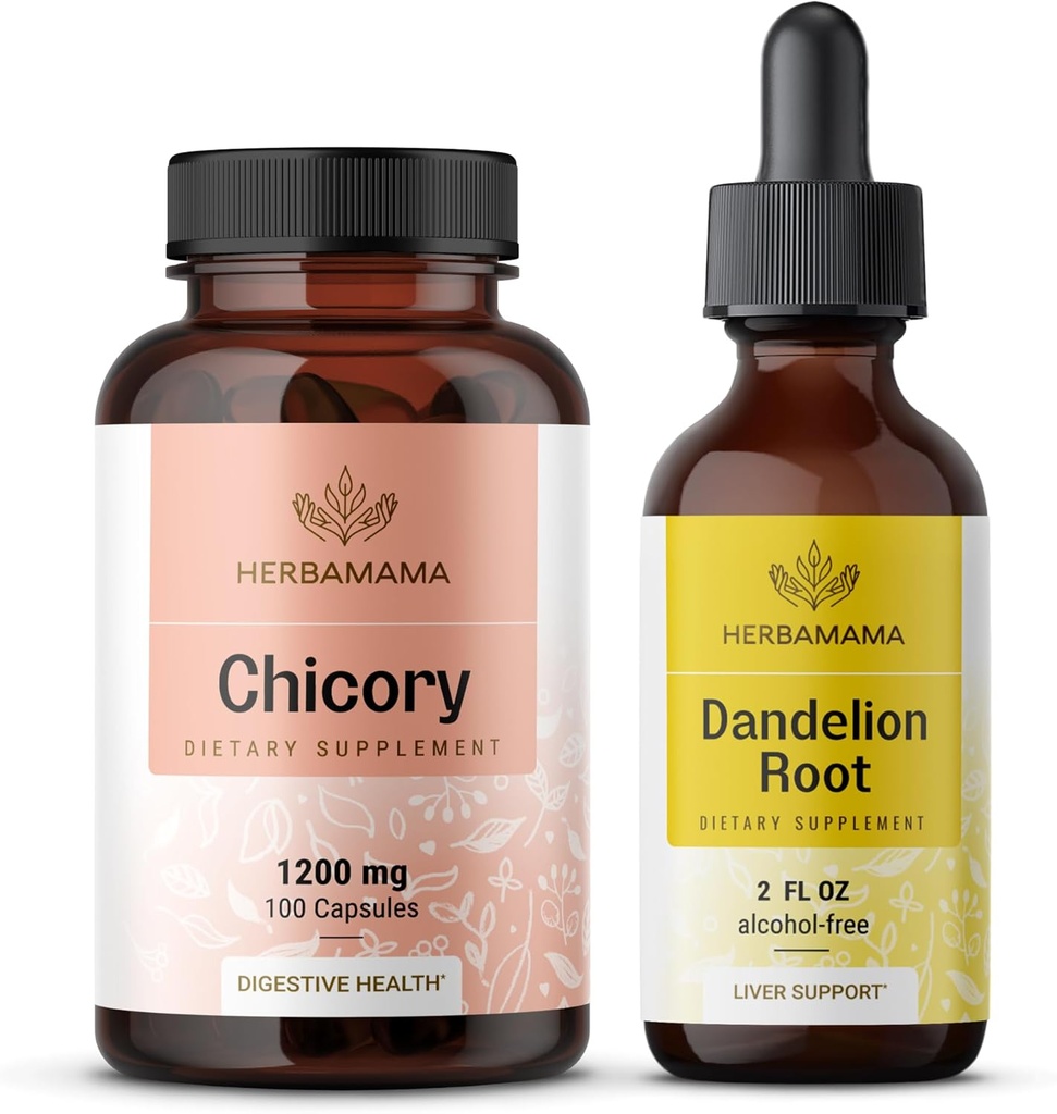 HERBAMAMA Chicory and Dandelion Kit - Zestaw 1200 mg Chicory Root Capsules & Dandelion Root Tincture 2 fl oz - Vegan, Non-GMO, Sugar & Alcohol-Free - 2 Pack