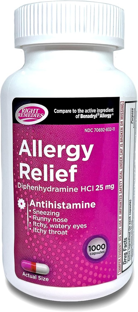 Al·ergyLige, antihistamímina, Difínyramin HCL 25mg, Relieves estacionals a l'aire lliure o a l'aire lliure, Runny Nose, Sneezing Alergy (1000; Capsules)