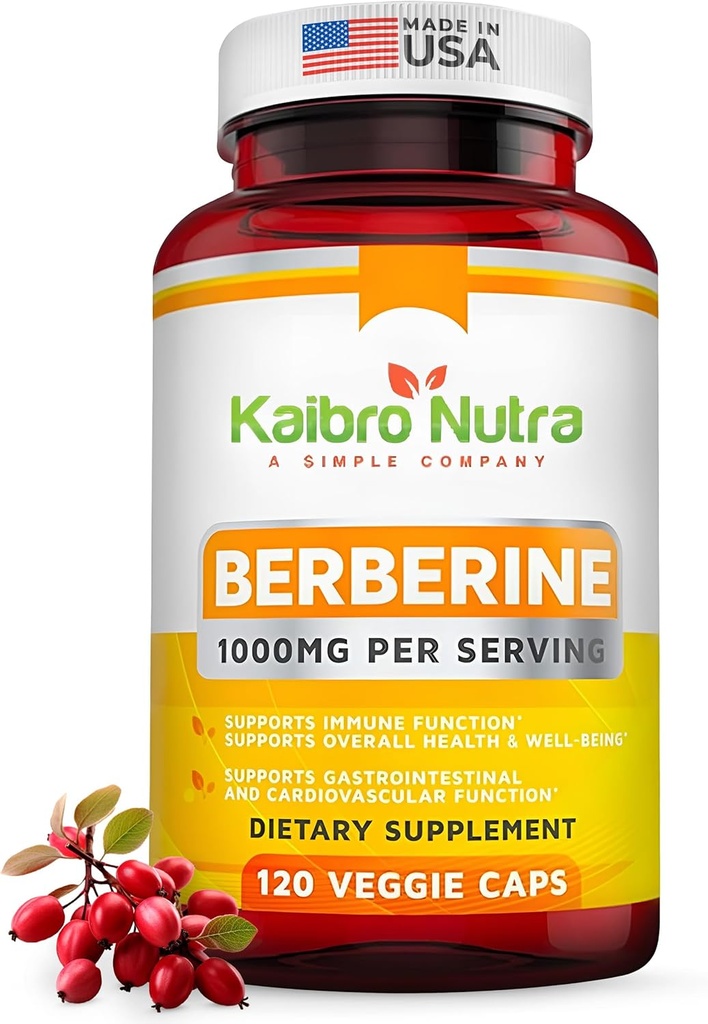 Kaibro Nutra Berberine Supplément 1000mg, Berberine HCL pour système immunitaire, Glucose Support, Circulatoire & Santé Gastro-intestinale, Vegan & Sans gluten, 120 Capsules