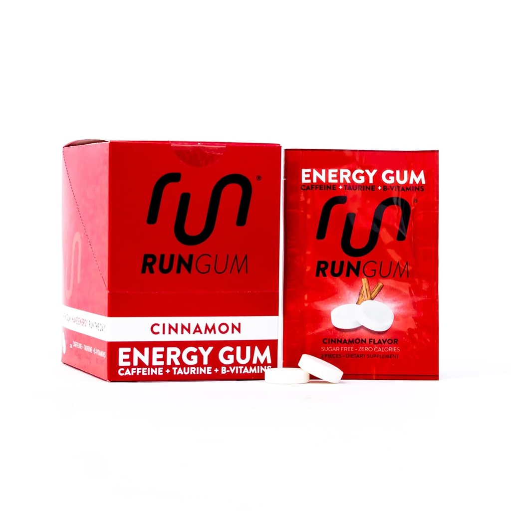 RUN GUM Cinnamon Energy Gum 50mg Caffeina Taurine & B-Vitamins Per Pezzo, 24 Pezzi (Pack of 12), 2 Pezzi = 1 Caffè o Energy Drink, Sugar Free, Zero Calorie