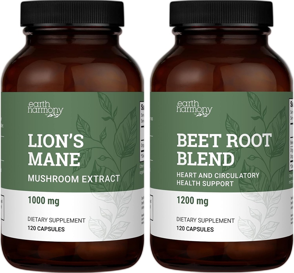 Earth Harmony Organic Lion's Mane & Beet Root Powder - 120 Capsules Each