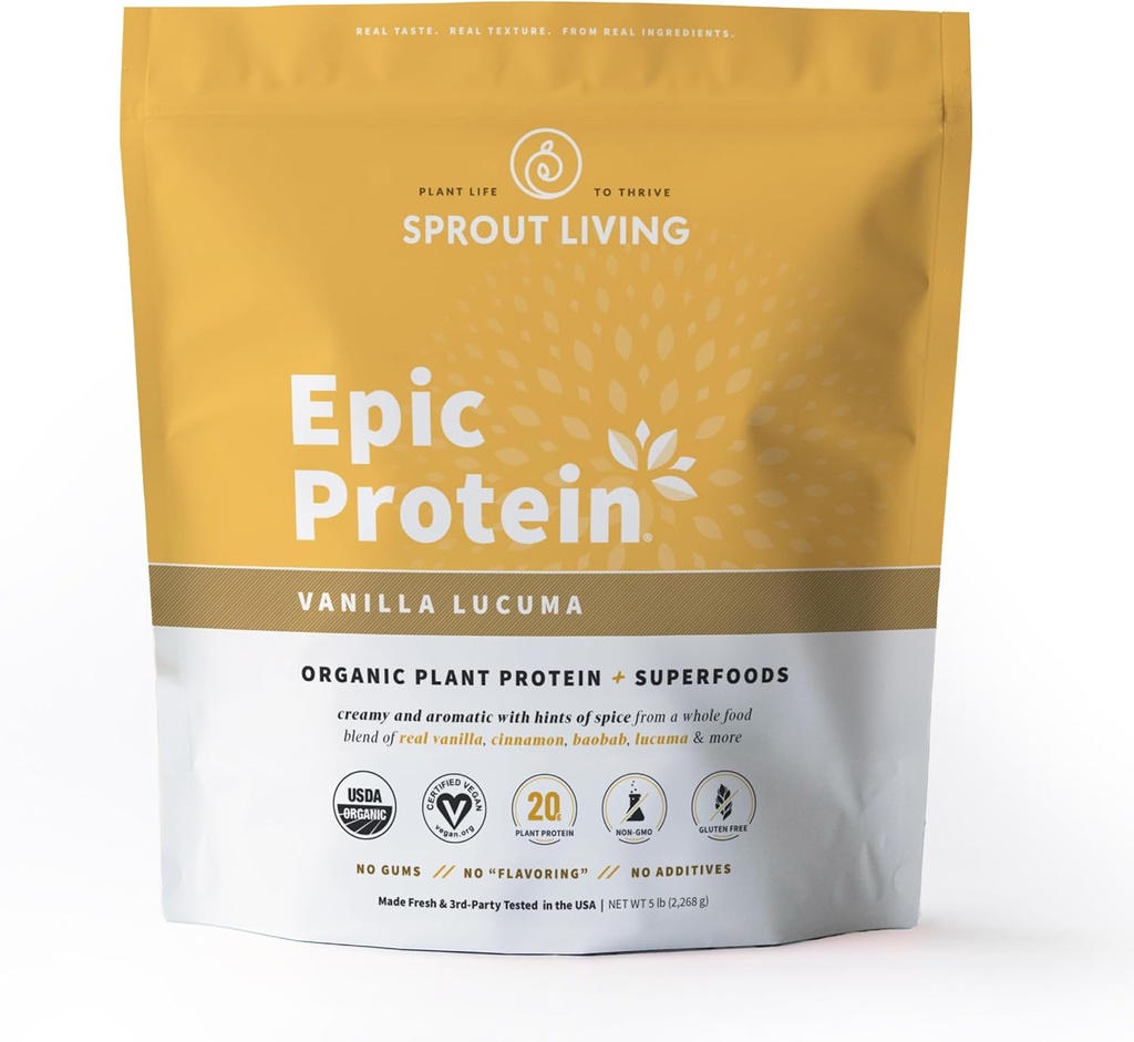 Sprout Living Epic Protein, Plant Basert Protein & Superfoods Powder, Vanilla Lucuma pulver | 20 gram organisk protein pulver, Vegansk, Ikke-GMO, Glutenfri, Lav Sukker (5 pund, 60 serveringer)
