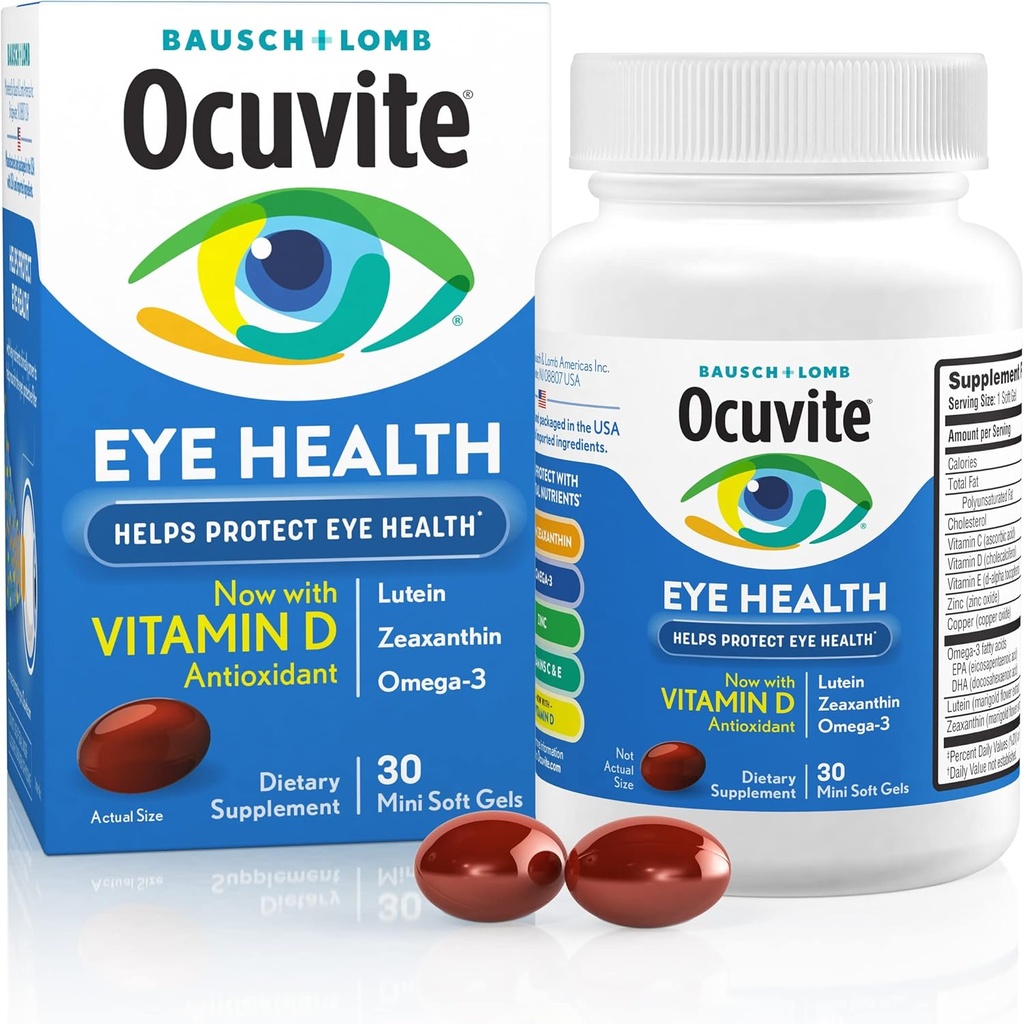 Ocuvite Eye Health, Lutein & Zeaxanthin Supplement, Eye Vitamiin koos antioksüdant D, C, E & Omega-3, aitab kaitsta silmade tervist, 30 Softgels