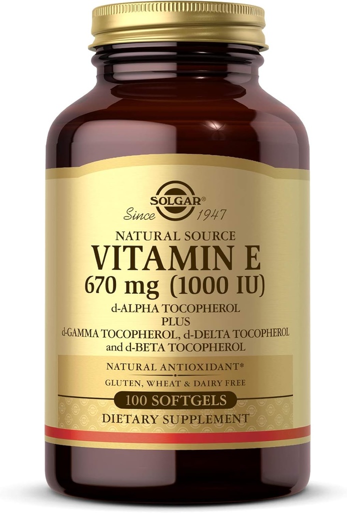 Solgar Witamina E 670 mg (1000 j. m.), 100 Mieszane Softgels - Naturalny przeciwutleniacz, Skóra i System immunologiczny Wsparcie - Naturally-Sourced Witamina E - Gluten Free, Dairy Free - 100 Servings