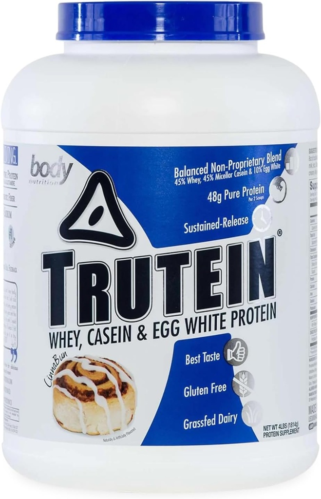 Body Nutrition Trutein Hoog Proteïnepoeder: 45% Wei, 45% Caseïne, 10% Egg White, Glutenvrij, Laag Natrium, Gras Fed Wei Proteïne Poeder, Gym Supplement & Breakfast Shake, Cinnabun, 4lb
