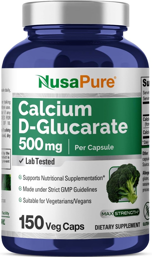 NusaPure Calcium D-Glucarate 500 mg 150 Caps Veggie, Vegan, Non OGM, Senza glutine