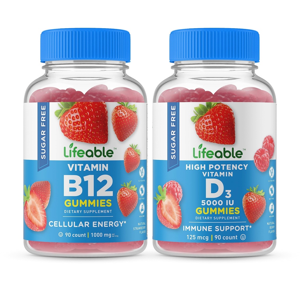 Lifeable Sugar Free Vitamin B12 + Vitamin D 5000 IU, Gummies Bundle - Great Tasting, Vitamin Supplement, Gluten Free, GMO Free, Chewable Gummy