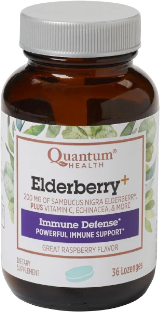 Quantum Helse Elderberry + Lozenges |Raspberry |Providerer Kraftig immunstøtte |Formulert med Echinacea og vitamin C|36 greve