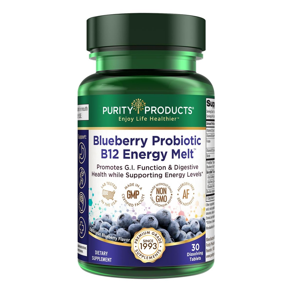 מוצרי פורה Blueberry Probiotic B12 אנרגיה מלט קליני פרוביוטיקה - אורגני Blueberries, Methylcobalamin B-12-30 מלטס