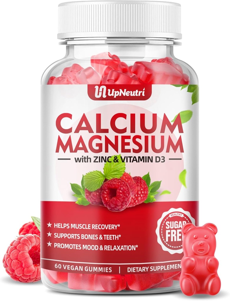 Kalsium Magnesium Zinc dengan suplemen Vitamin D3, Sugar Free Calcium Gummies untuk Pria Perempuan, Zinc Serba untuk Tulang & Muscle & Imune Kesehatan, Vegan Raspberry Flavor - 60 Count