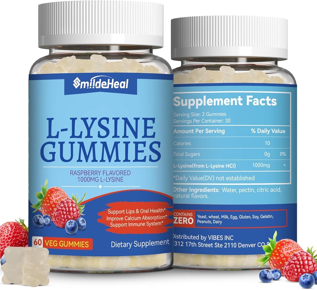2 Pack L-Lysine 1000mg Gummies,  Adults, Immune Support, Collagen Formation Support, Non-GMO, Vegan, Gluten Free - 120 Counts