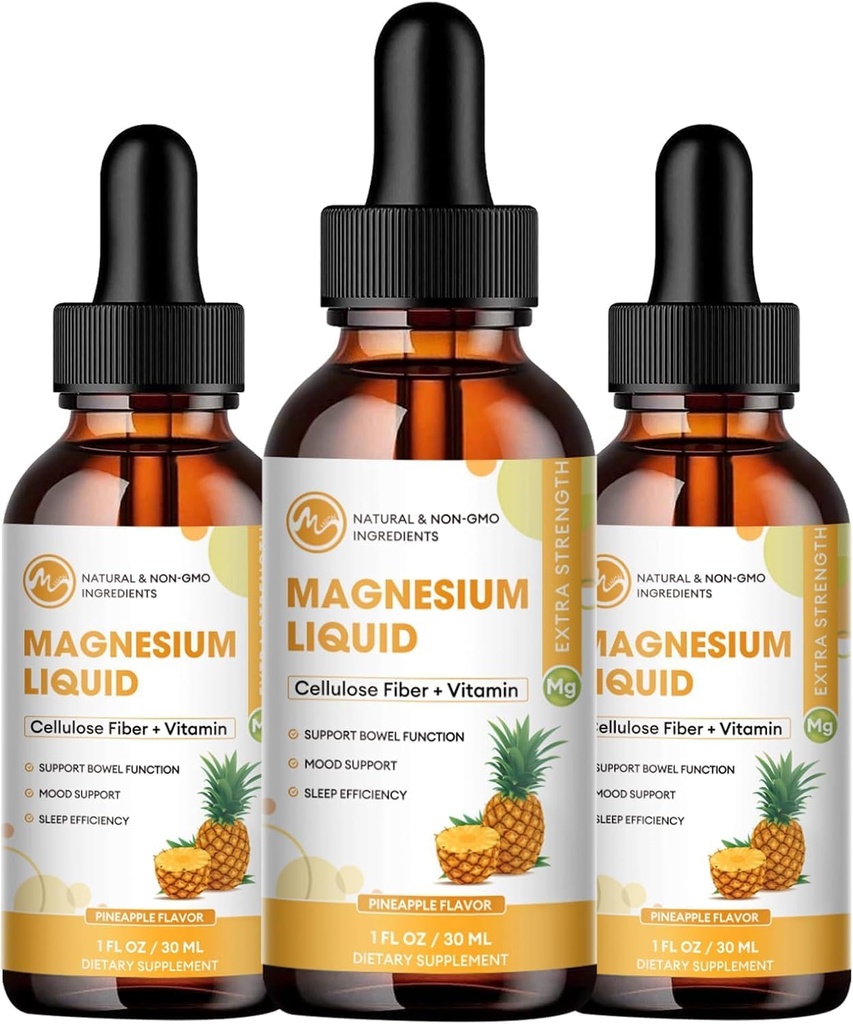 (3 Pack) Gotas Líquidas de Glicenato de Magnésio, Líquido de Magnésio de Alta Absorção com Bromelaína, Vitamina B6 C D, Suplemento de Magnésio para Crianças e Adultos, Apoio à Noite e Músculo, Sabor de Abacaxi