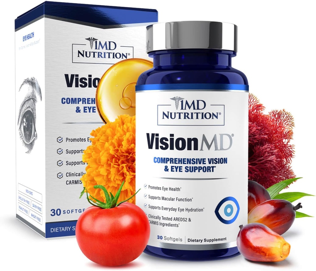 1MD Voeding VisionMD Oogvitamine CARMIS - Eye Supplement voor volwassenen - met OptiLut Lutein & Zeaxanthine - Ondersteunt Vision Health Care, Everyday Eye Strain, & Occasional Dry Eye - 30 Softgels