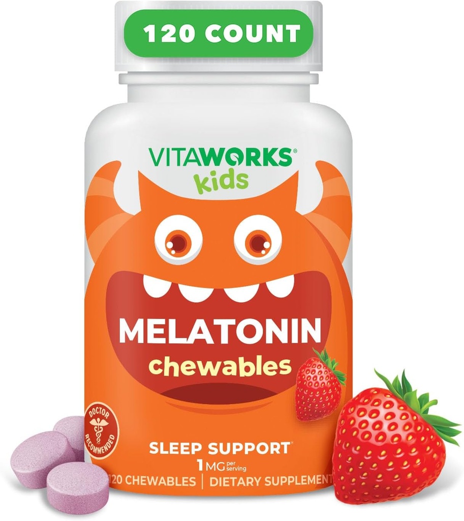 Nois Melatonin 1 mg Chewable with L theanine, Chamok i Llimon Balm extraien taules Chewables - Natural Berry Flavor - per ajudar a córrer i quedar-se a dormir - per a nens - 120 Chewables