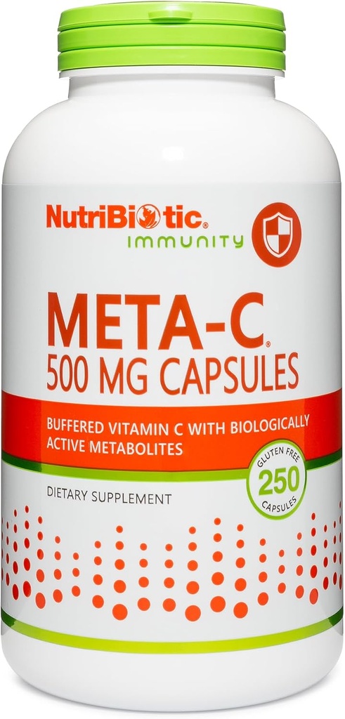 NutriBiotic Meta-C Capsules, 500 mg Spirulina-Bound Vitamin C, 250 Count | Buffered with Calcium, bioloxicamente activa Spirulina Metabolites & Lemon Bioflavonoids | Antioxidante e soporte de coláxeno