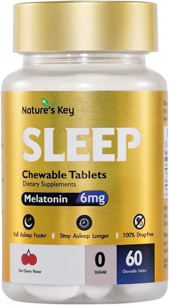The Key Melatonin 6mg Chewable Tablets, Sugar Free | מקדם שינה ושינה מהירה יותר | Non-Habit Forming, עם 6 מ"ג ויטמין B6 | 60 טבליות (Yummy Tart Cherry Flavor)