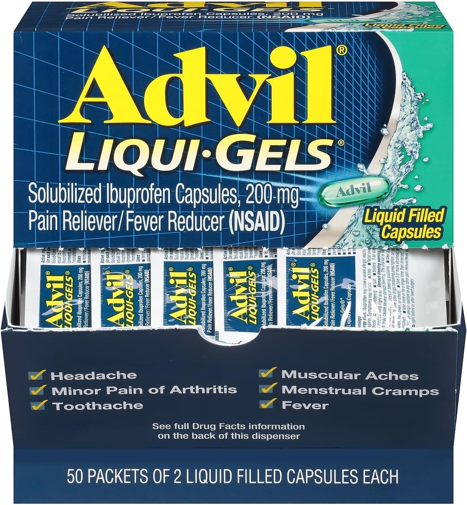 Advil Liqui- Gels Pain Reliever / Fever Reducer, Solubilized Ibuprofen 200mg, 2 / Packet, 50 Packets / Box (016902)